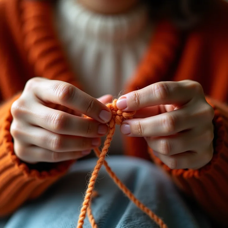 Mãos de uma mulher parda fazendo um ponto baixo de crochê.