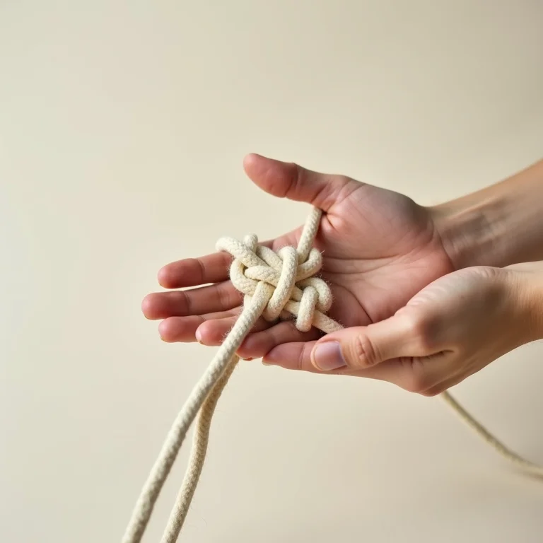 Mãos demonstrando como fazer o nó quadrado em macramê
