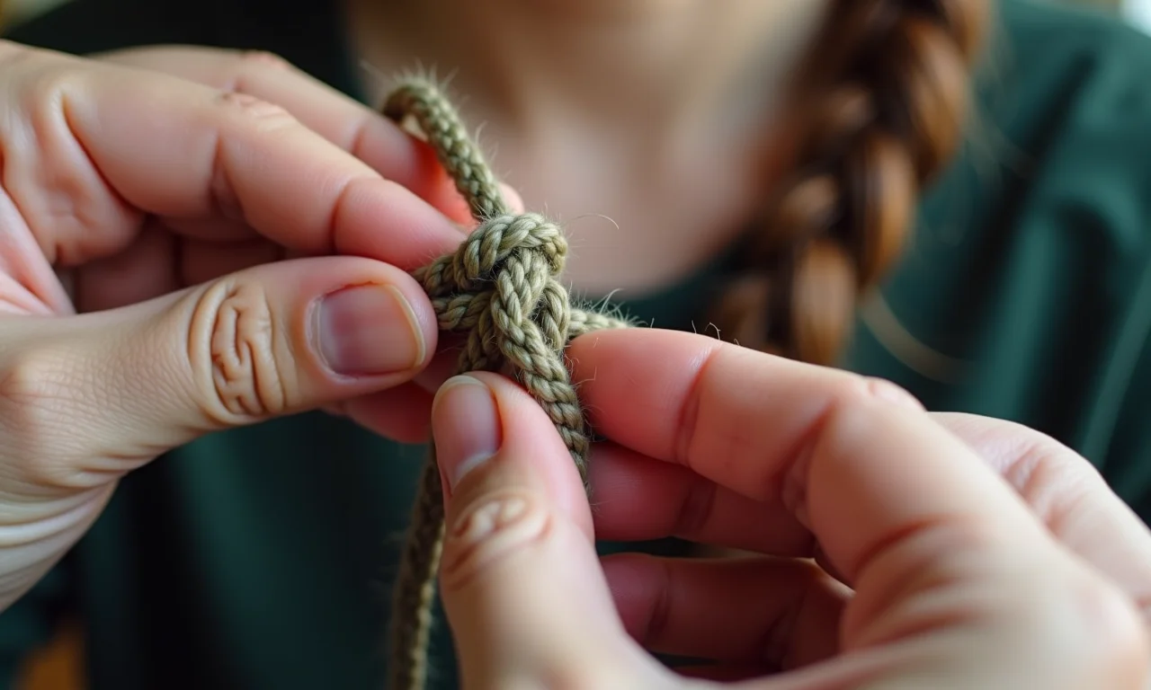 Mãos demonstrando diferentes nós de macramê.