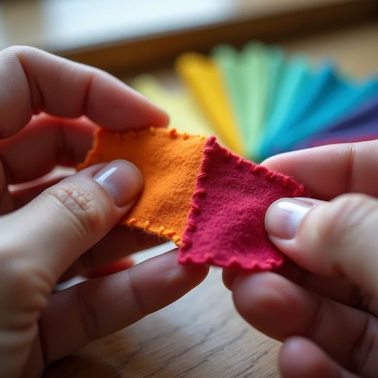 Mãos demonstrando o ponto caseado em feltro colorido