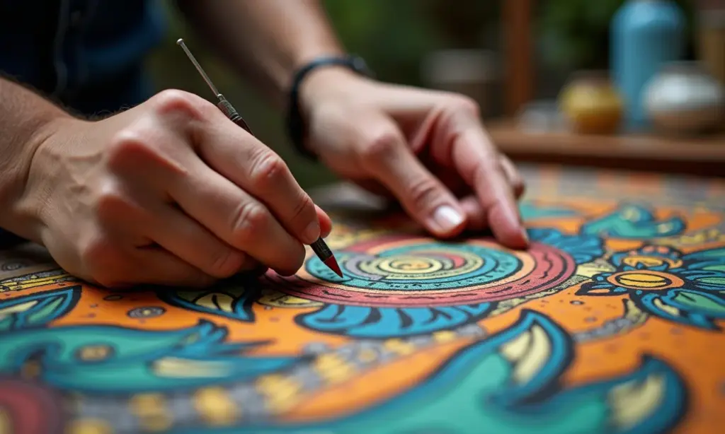 Mãos diversas criando arte e artesanato em estúdio vibrante.