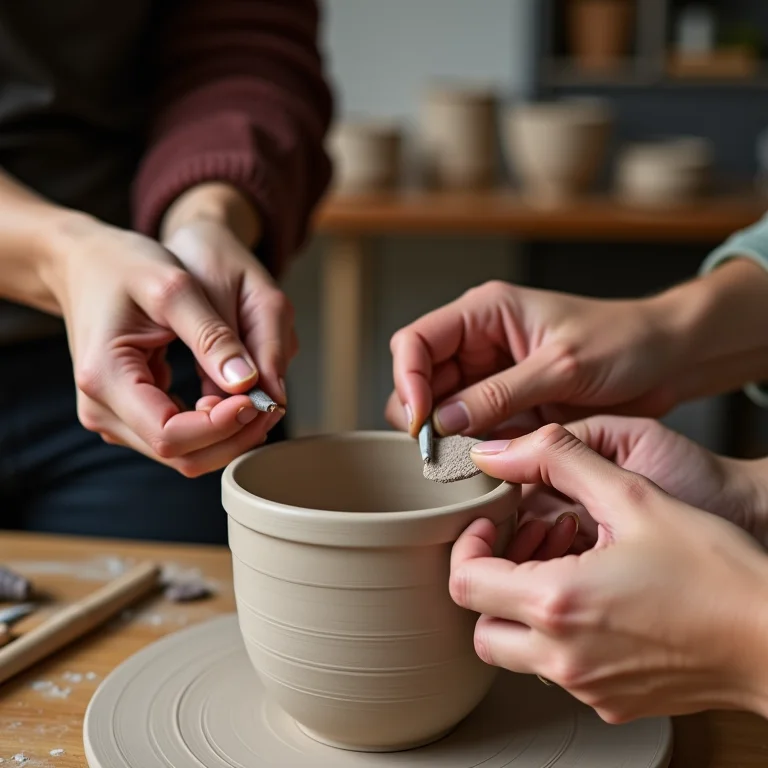 Mãos diversas em aula de cerâmica.