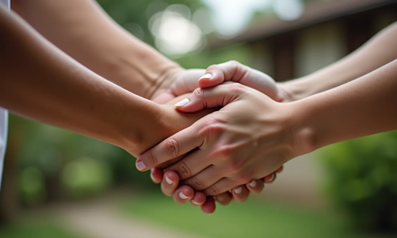 Mãos diversas entrelaçadas, representando conexão familiar duradoura e o poder do perdão.