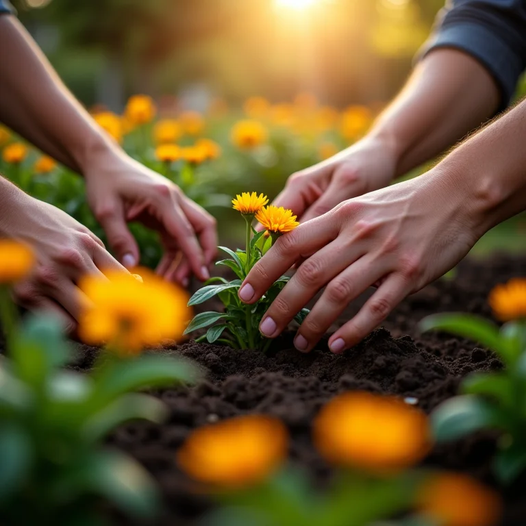 Mãos diversas plantando flores em um jardim comunitário
