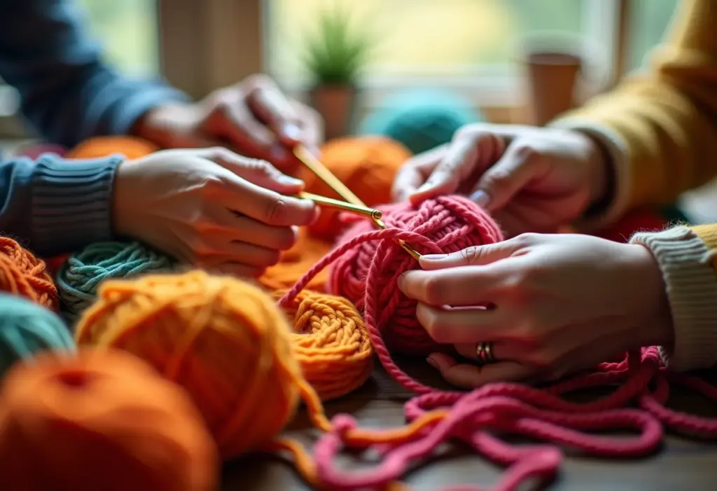 Mãos diversas segurando agulhas de crochê e fios coloridos.