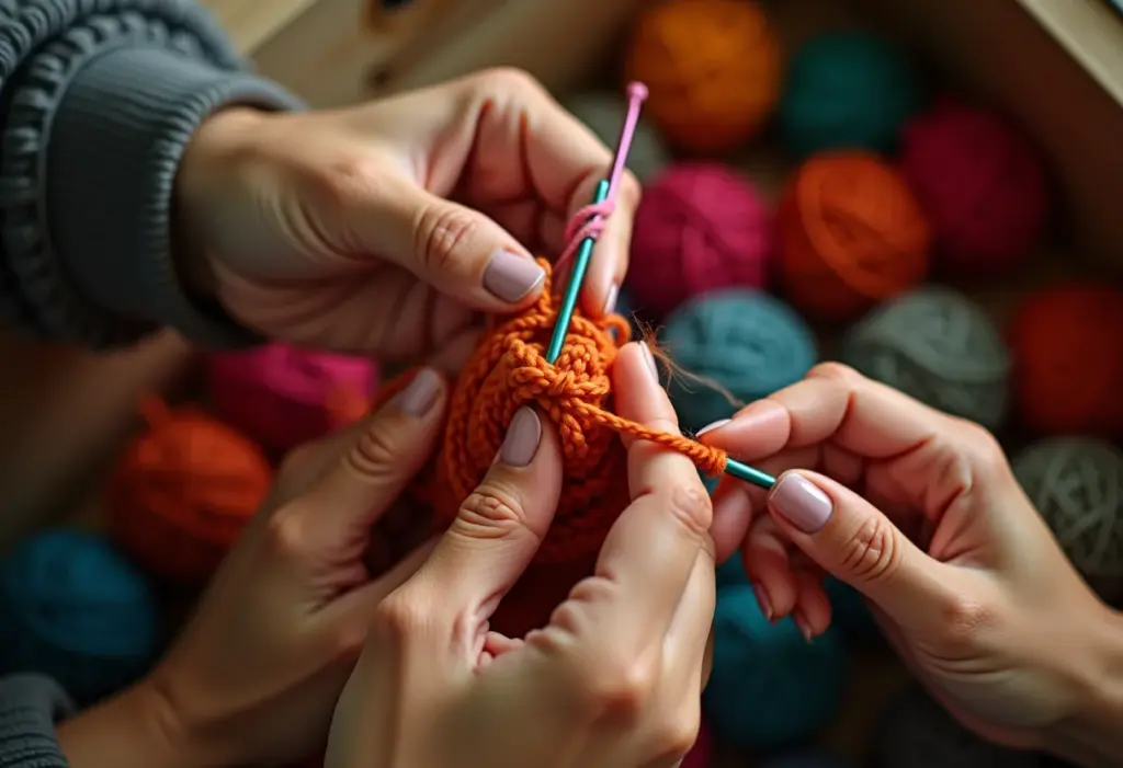 Crochê para iniciantes: O guia definitivo para criar peças incríveis Mãos diversas segurando agulhas de crochê e fios coloridos.