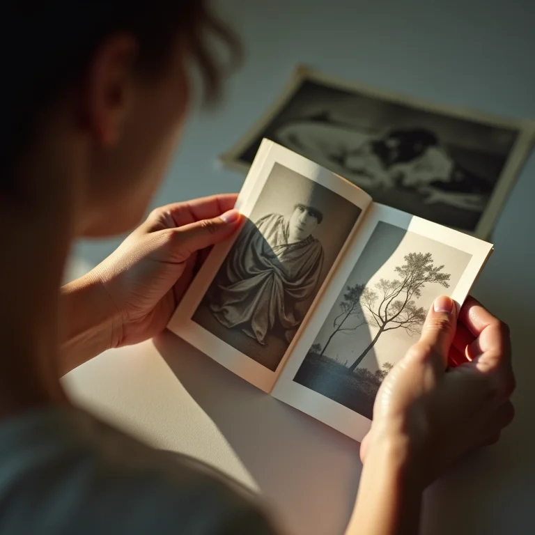 Mãos escaneando fotos antigas.