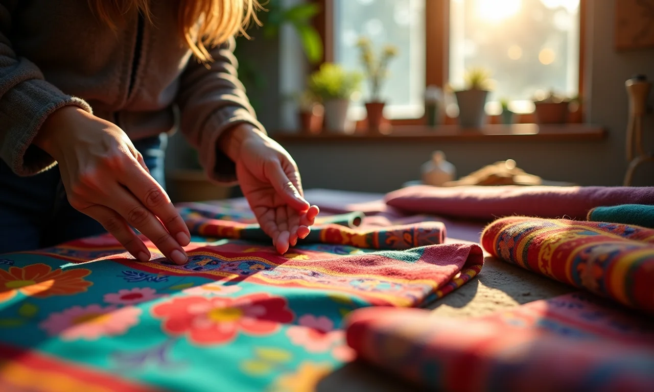 Mãos escolhendo tecidos coloridos e estampados.