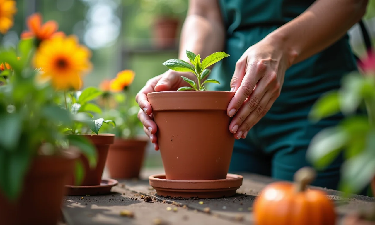 Mãos escolhendo um vaso de cerâmica para plantar flores.