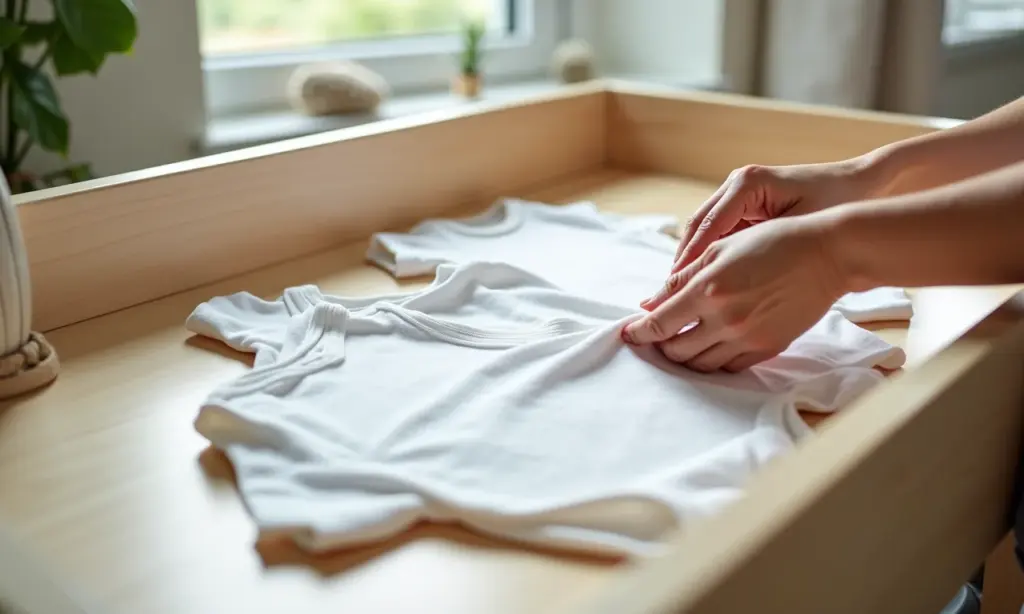 Organizando o Guarda-Roupa do Bebê: Como Dobrar Body para Não Ocupar Espaço e Facilitar a Rotina Mãos femininas dobrando bodies de bebê em um trocador de madeira clara.