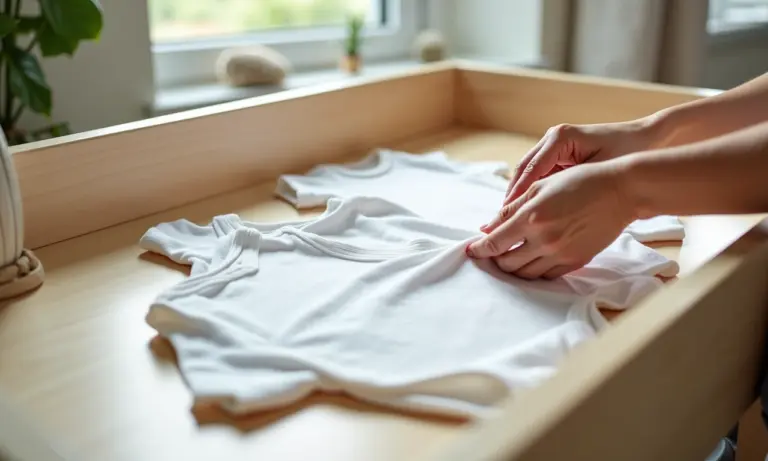 Mãos femininas dobrando bodies de bebê em um trocador de madeira clara.