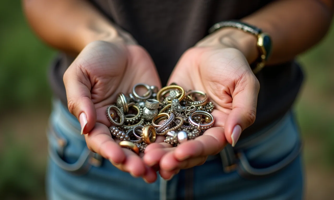 Mãos femininas separando bijuterias, removendo peças desgastadas.