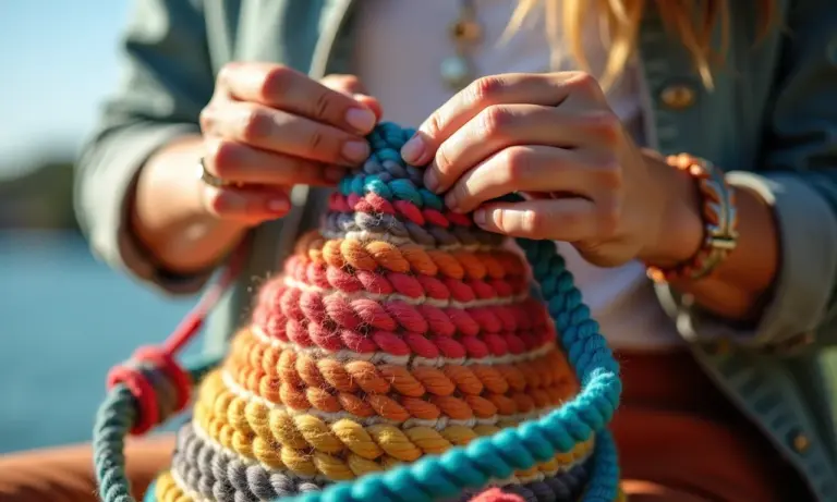 Mãos habilidosas crocheando fio náutico colorido em uma bolsa estilosa.