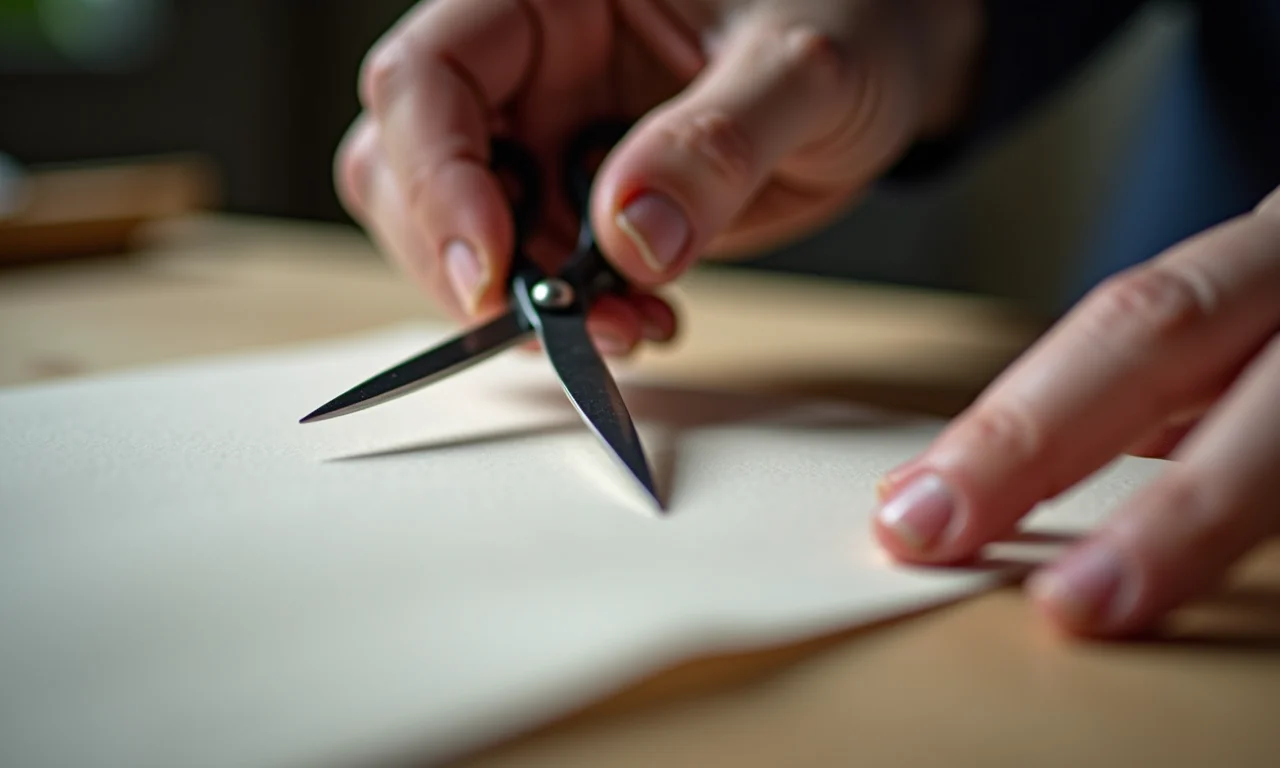 Mãos habilidosas utilizando tesouras e estilete de precisão em papel.