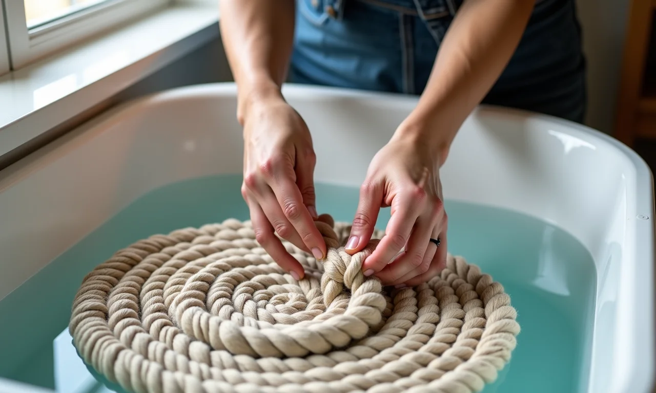 Mãos lavando delicadamente um tapete de crochê feito com fio náutico.