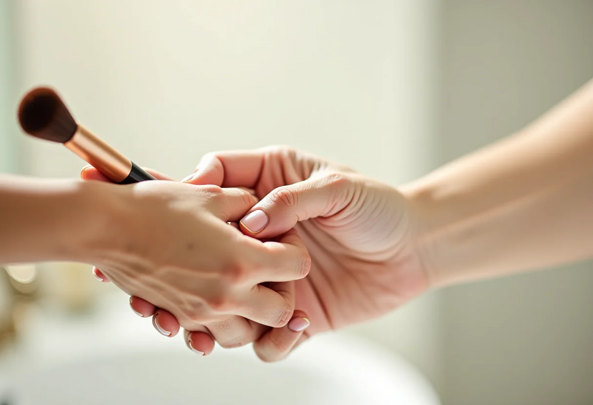 Mãos lavando pincéis de maquiagem em água corrente.