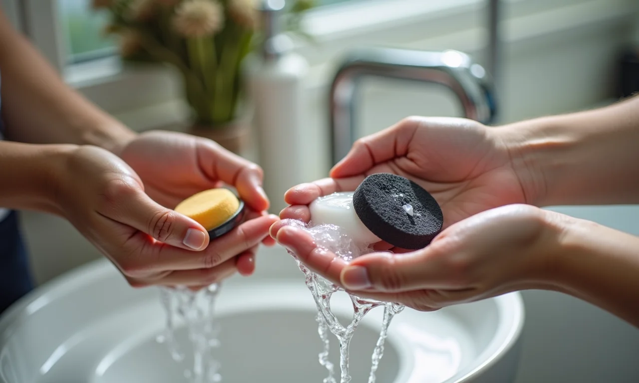 Mãos lavando pincéis e esponjas de maquiagem com água e sabão.