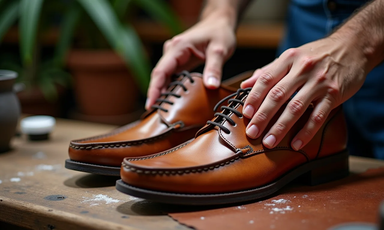 Mãos limpando mocassim de couro com produtos de limpeza.