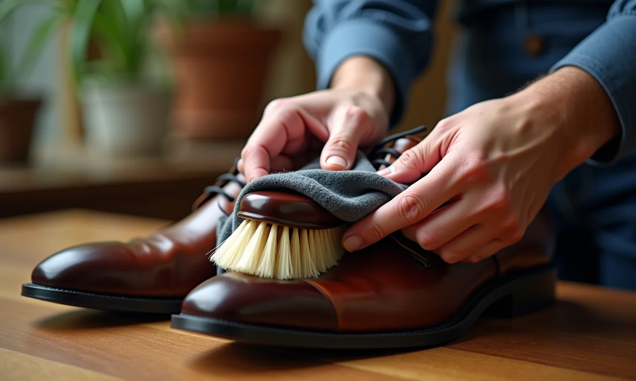 Mãos limpando sapatos de couro antes de guardar.
