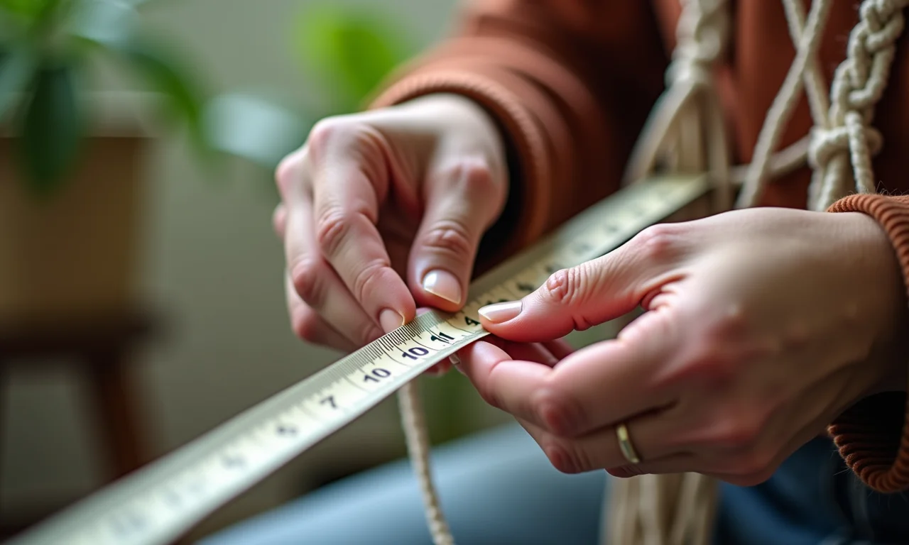 Mãos medindo cordão de macramê com fita métrica.