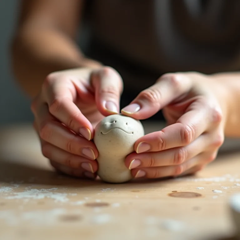 Mãos modelando um chaveiro de biscuit em formato de animal