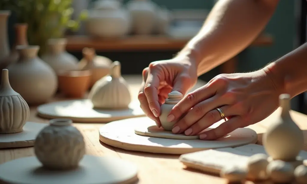 Mãos moldando cerâmica fria colorida em objetos diversos.