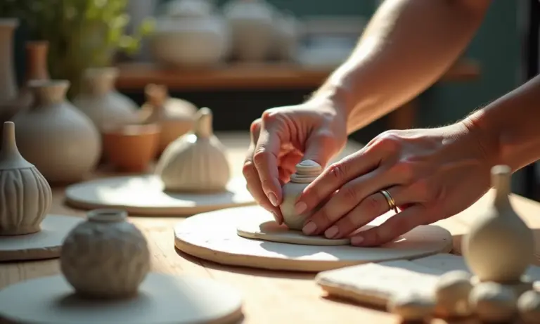 Mãos moldando cerâmica fria colorida em objetos diversos.