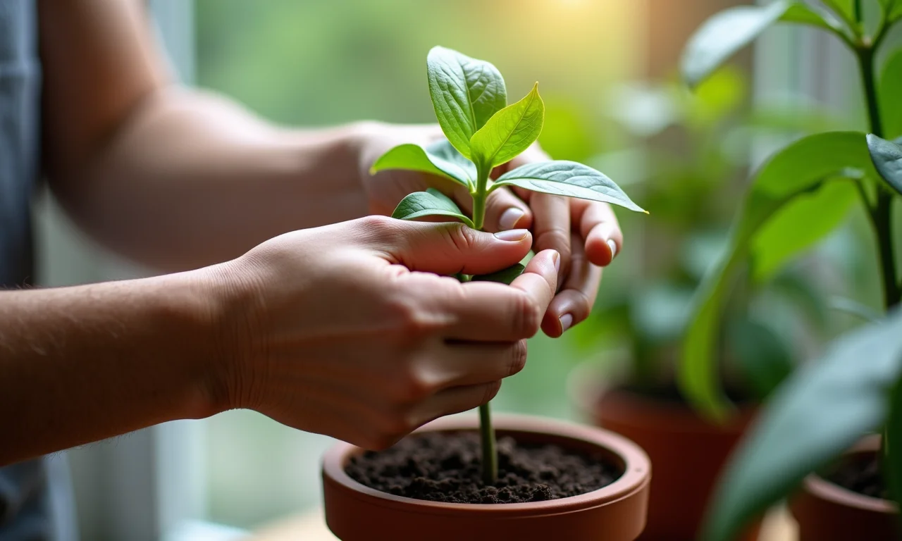 Mãos podando uma planta em vaso para promover o crescimento saudável.