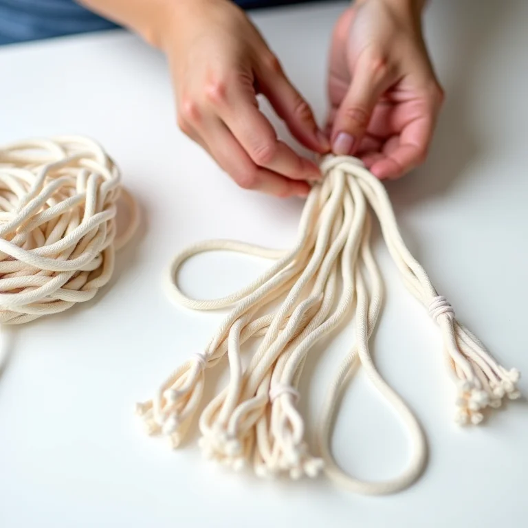Mãos preparando fios de macramê em superfície branca