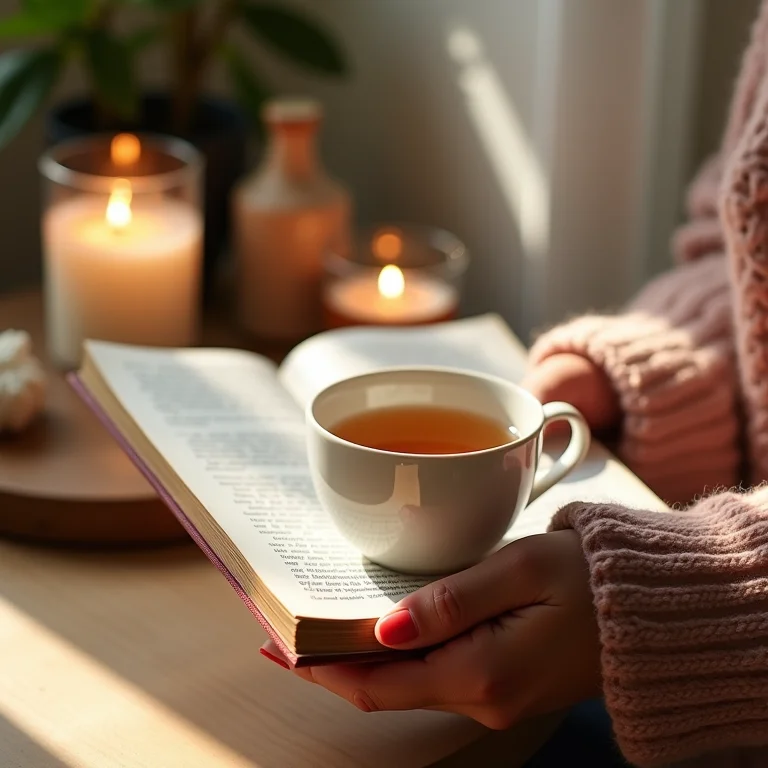 Mãos segurando chá e livro de autocuidado com velas de aromaterapia