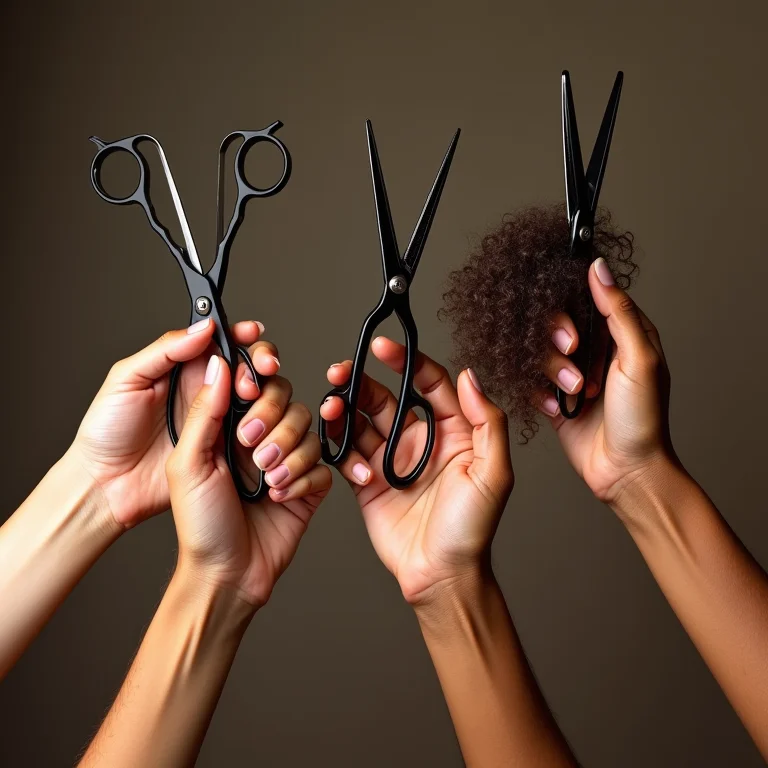 Mãos segurando tesouras perto de diferentes texturas de cabelo