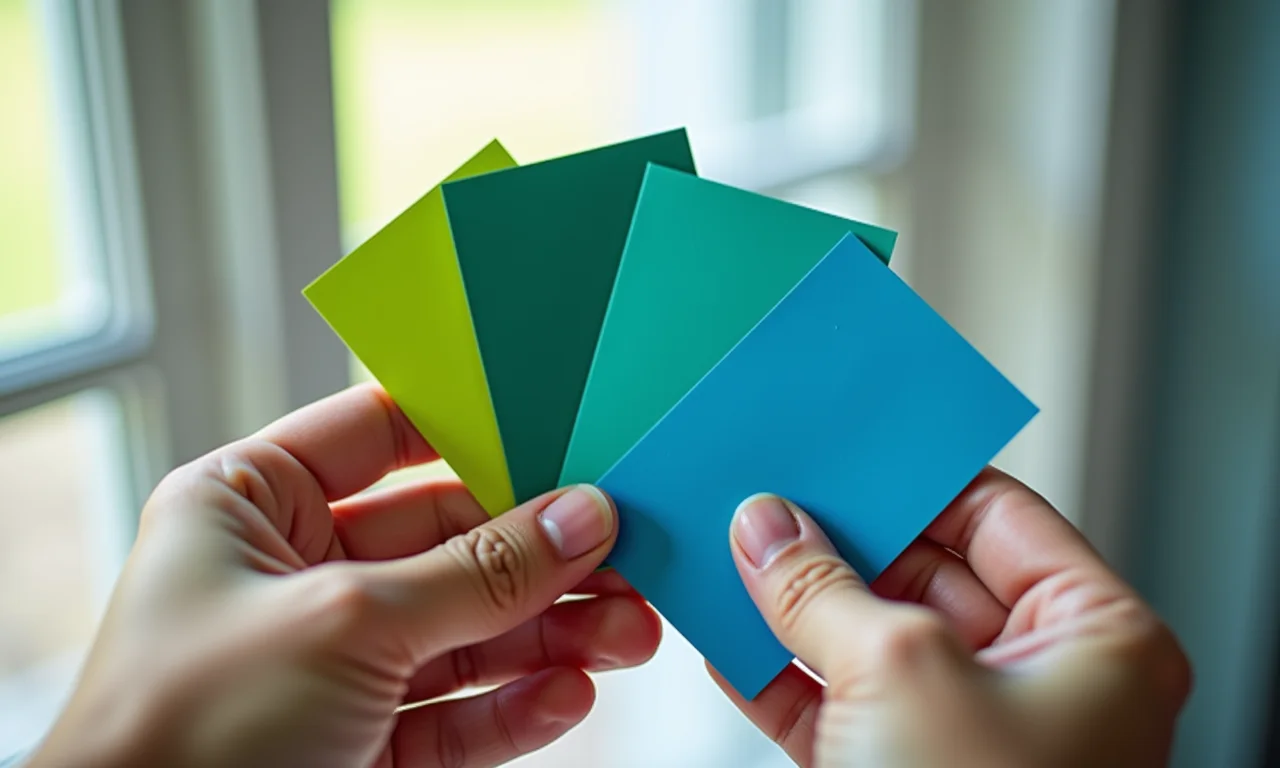 Mãos selecionando amostras de cores análogas: verde, azul-esverdeado e azul.