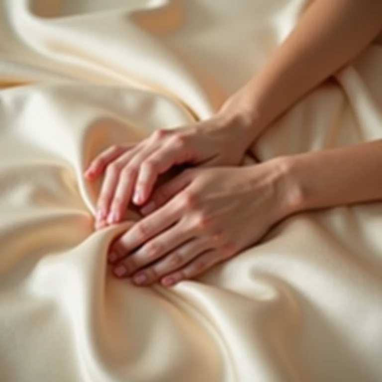 Mãos tocando tecido de seda luxuoso