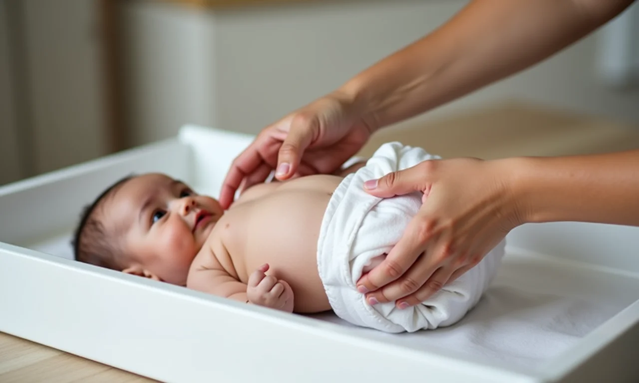 Mãos trocando fralda de bebê.