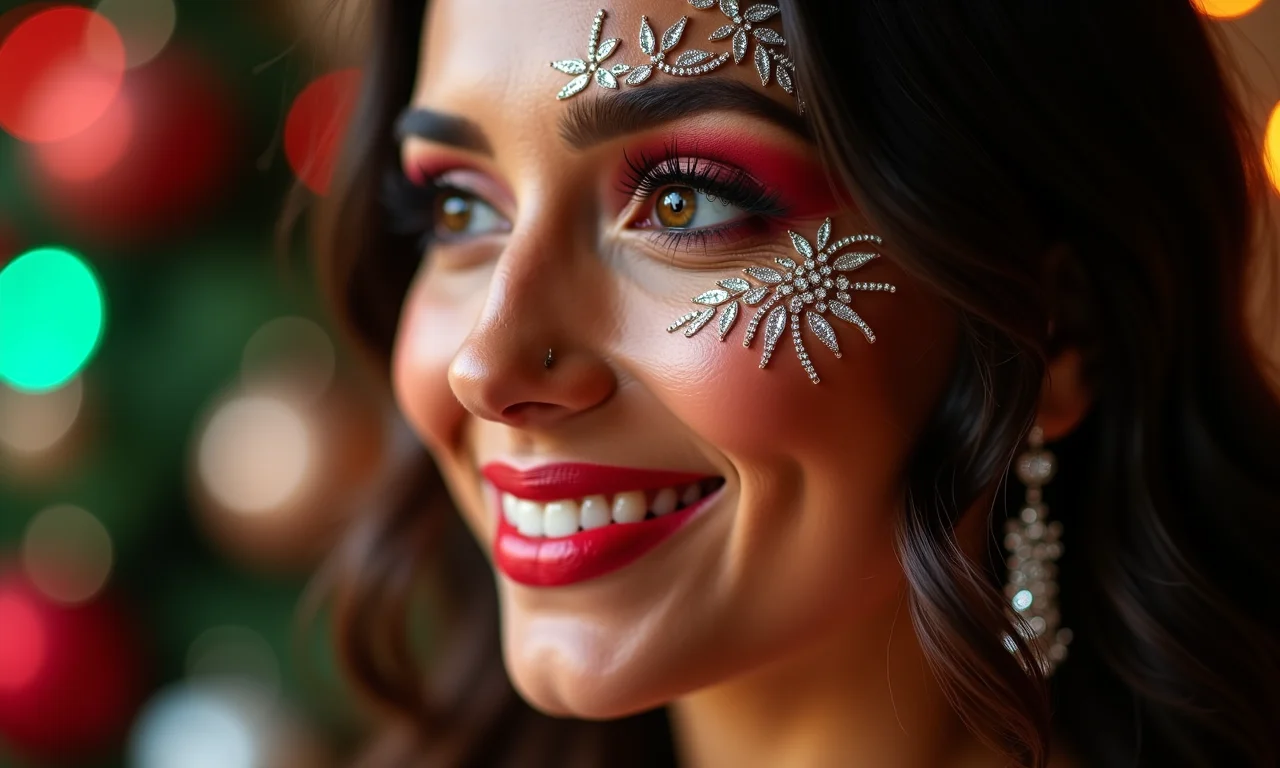Maquiagem com pedrarias para o Natal.
