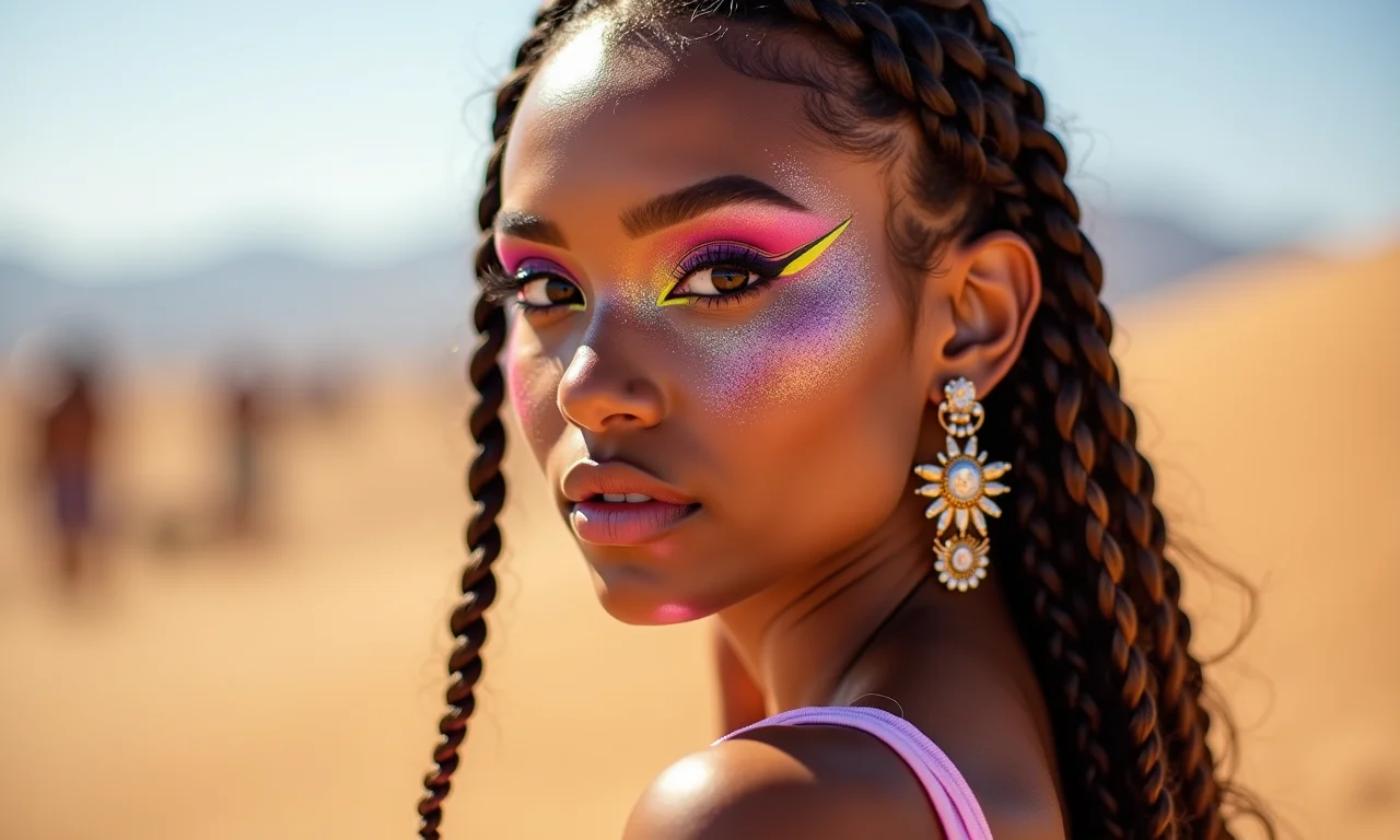 Maquiagem e cabelo no Coachella 2025.