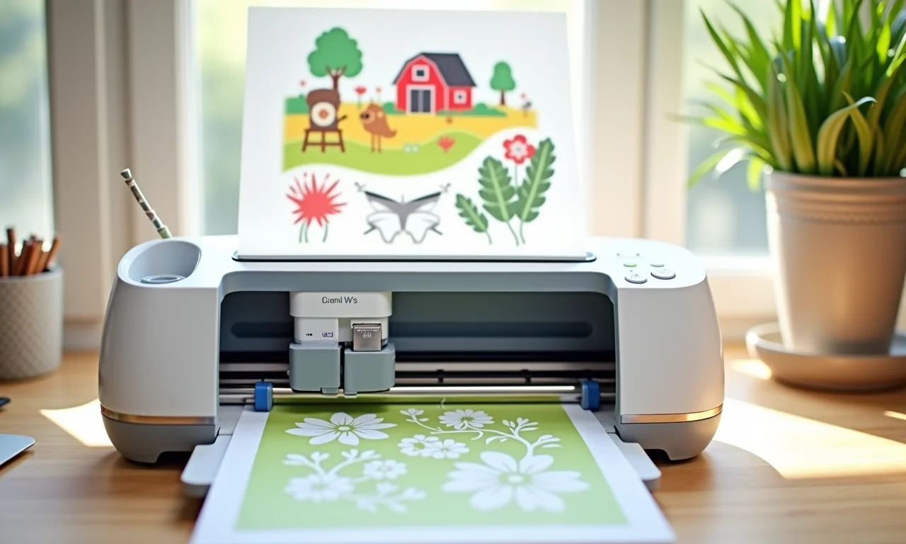 Máquina Cricut cortando um adesivo de vinil com interface intuitiva.