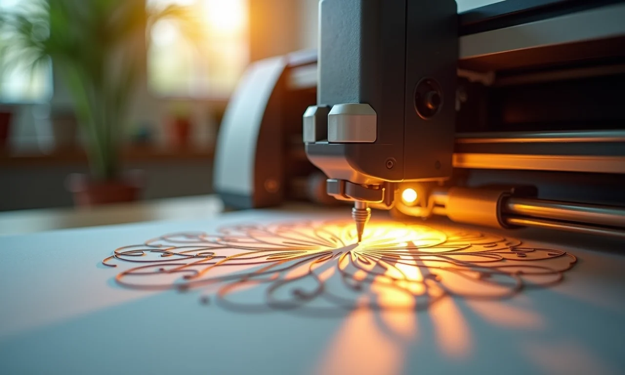 Máquina Silhouette cortando um design complexo em papel colorido.