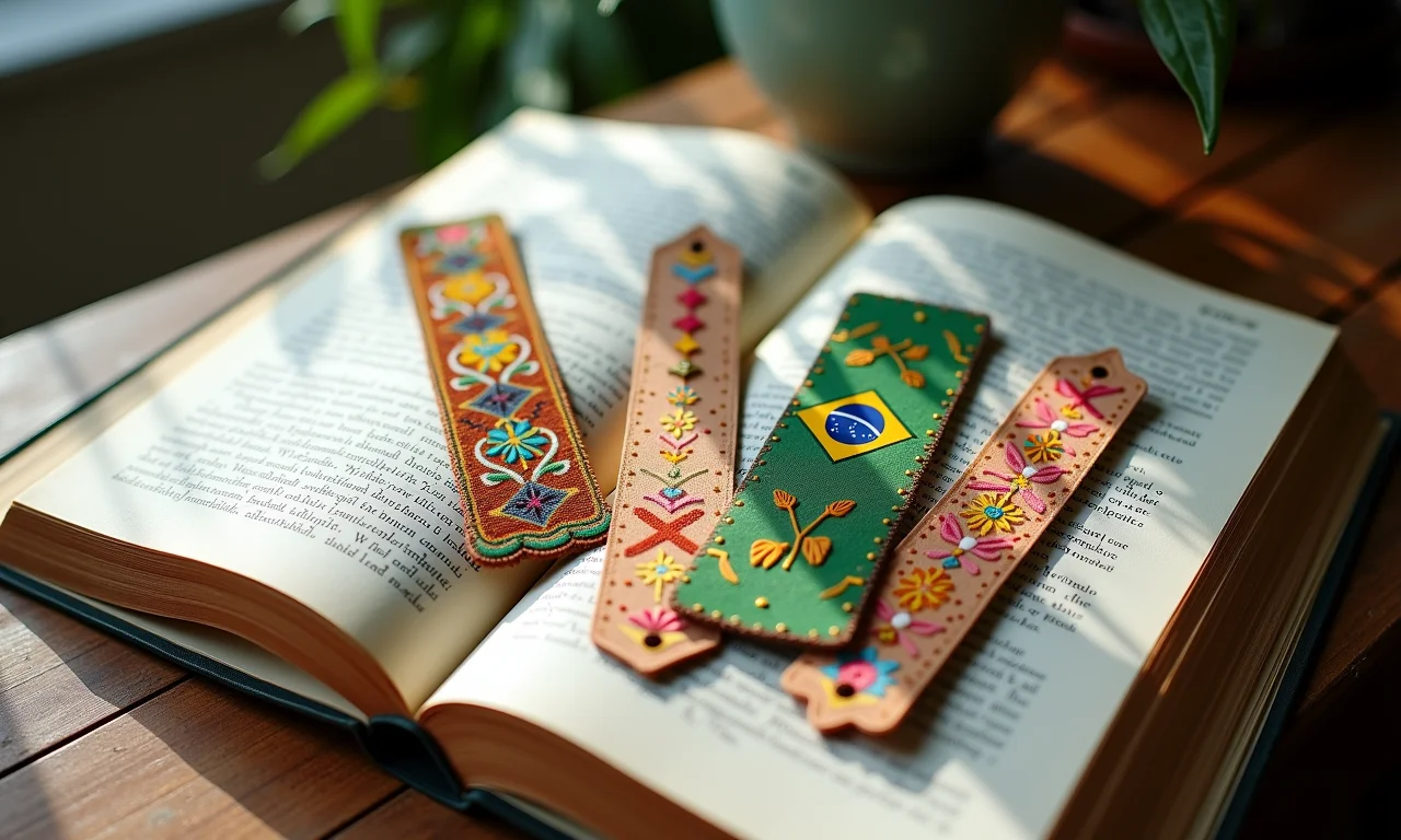 Marcadores de página criativos com motivos brasileiros em livro.