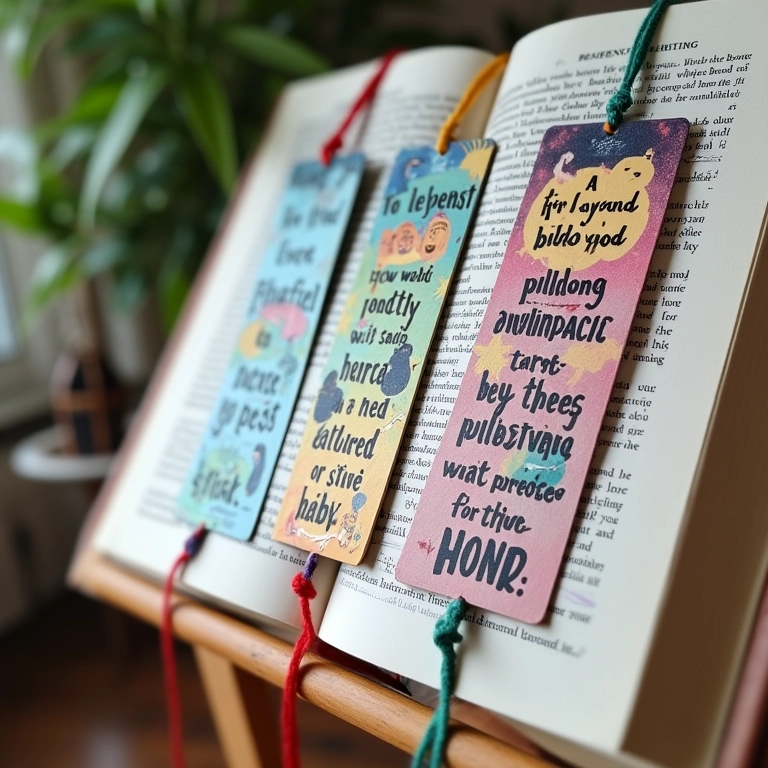Marcadores de página personalizados com desenhos artísticos e citações.