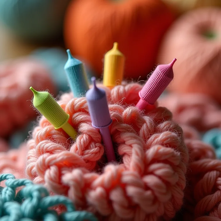 Marcadores de ponto coloridos em um tecido de crochê.