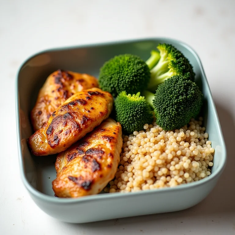 Marmita equilibrada com frango grelhado, quinoa e brócolis.