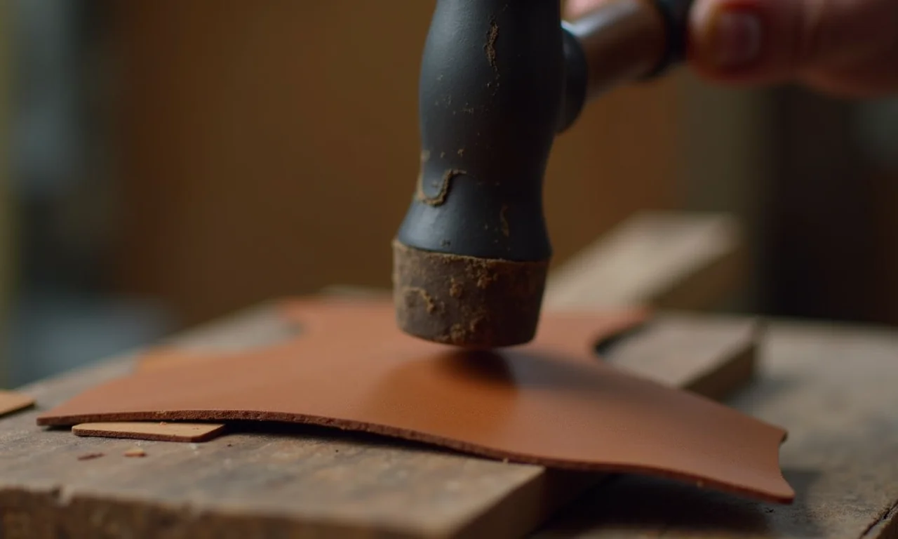 Martelo de borracha moldando peça de couro.