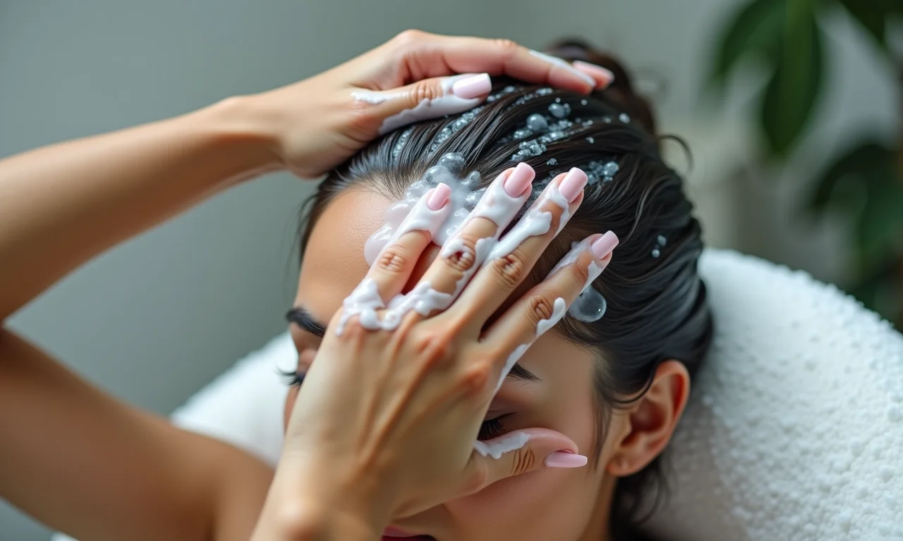 Massagem no couro cabeludo com shampoo sólido detox.