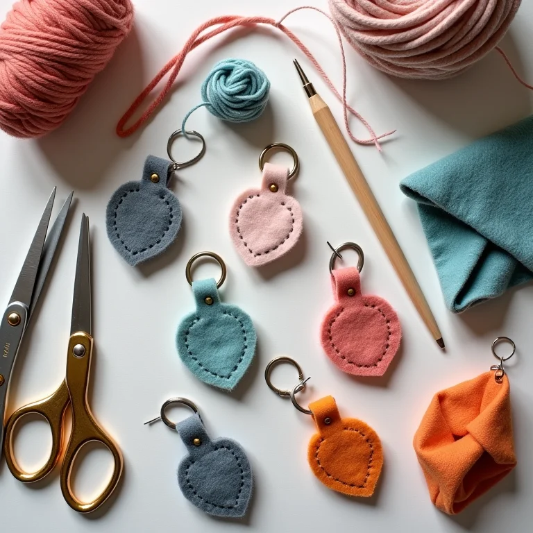 Materiais e ferramentas para criar chaveiros de feltro.