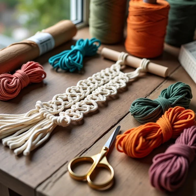 Materiais essenciais para macramê dispostos em mesa de madeira