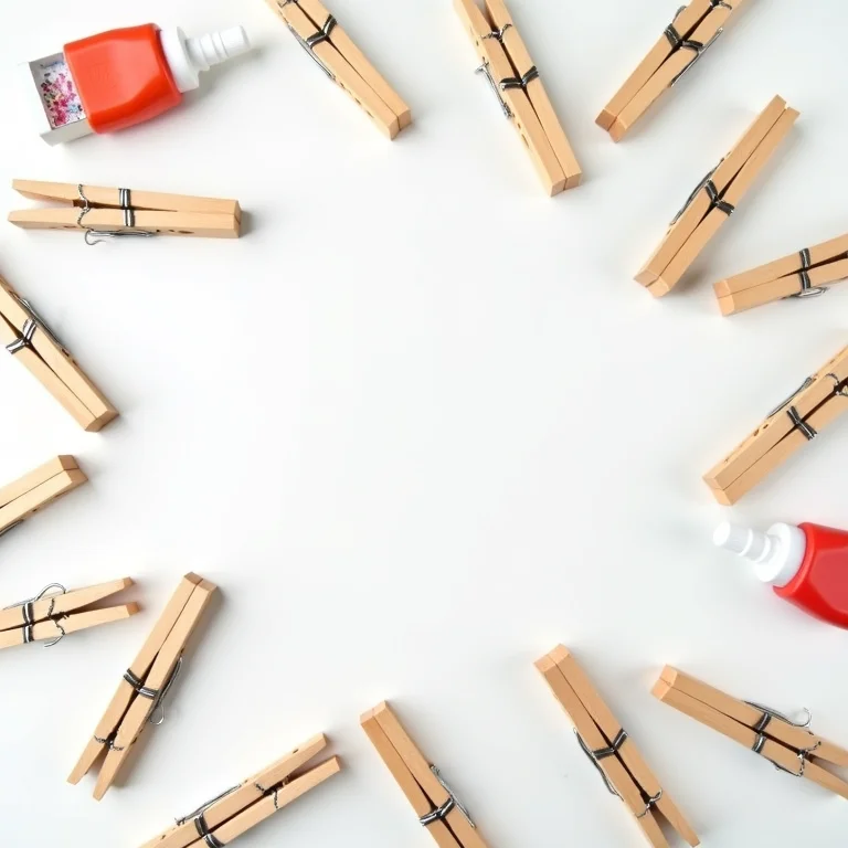 Materiais para artesanato com prendedores de roupa dispostos em uma mesa.