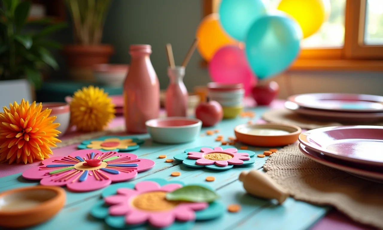 Materiais para decoração de festa junina dispostos em mesa.