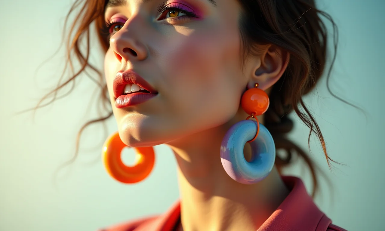 Maxi brincos coloridos em uma mulher estilosa.