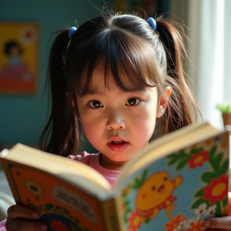 Menina com dificuldade de leitura.